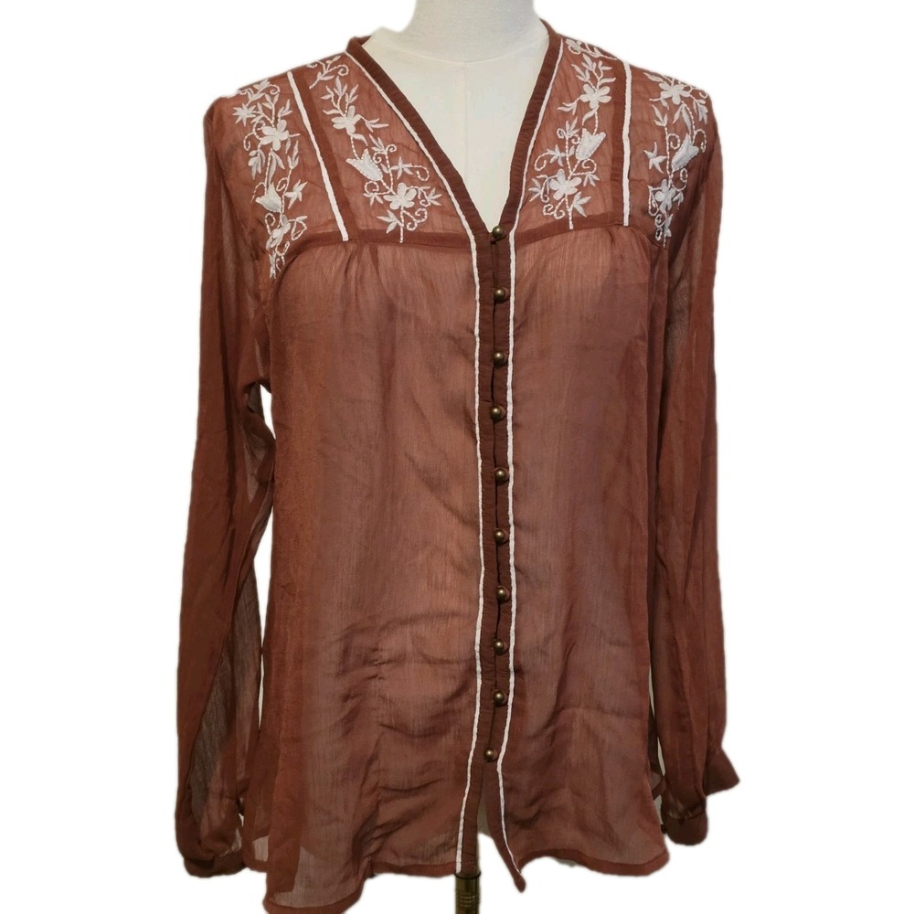 Alloy Apparel Womens Rust Embroidered Floral Button-up Sheer Blouse Size M